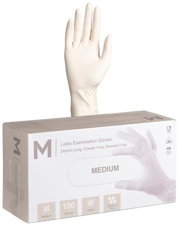 Latex Diamond Grip Examination Gloves Powder Free - White, M, 240mm Cuff, 8.0g   - Matthews