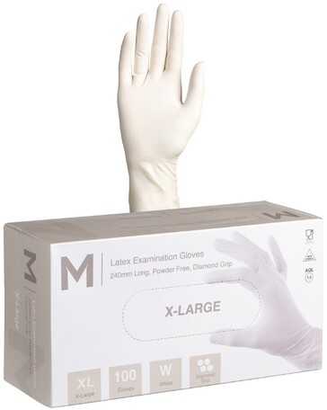 Latex Diamond Grip Examination Gloves Powder Free - White, XL, 240mm Cuff, 8.0g   - Matthews