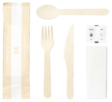 Wooden Cutlery Set 6/1 - Natural, Fork/Knife/Spoon/Napkin/Salt/Pepper - Matthews